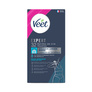 Veet Expert Bandes de cires froides pour peaux sensibles – Corps et jambes, Maillot, Aisselles, Coffret x32| Veet